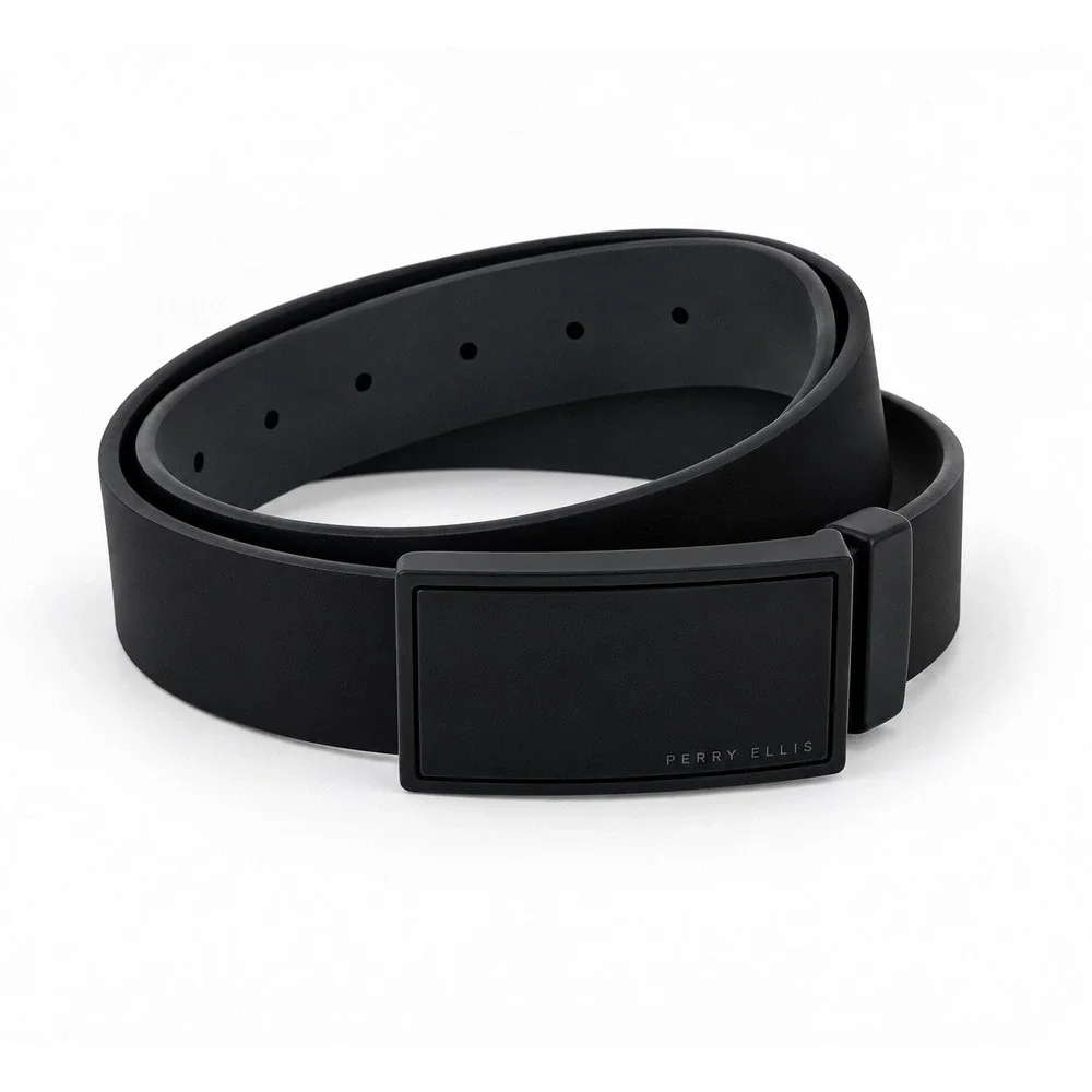 Perry Ellis Smooth Leather Mens Belt 36 Black Plaque Buckle Minimalist Sleek